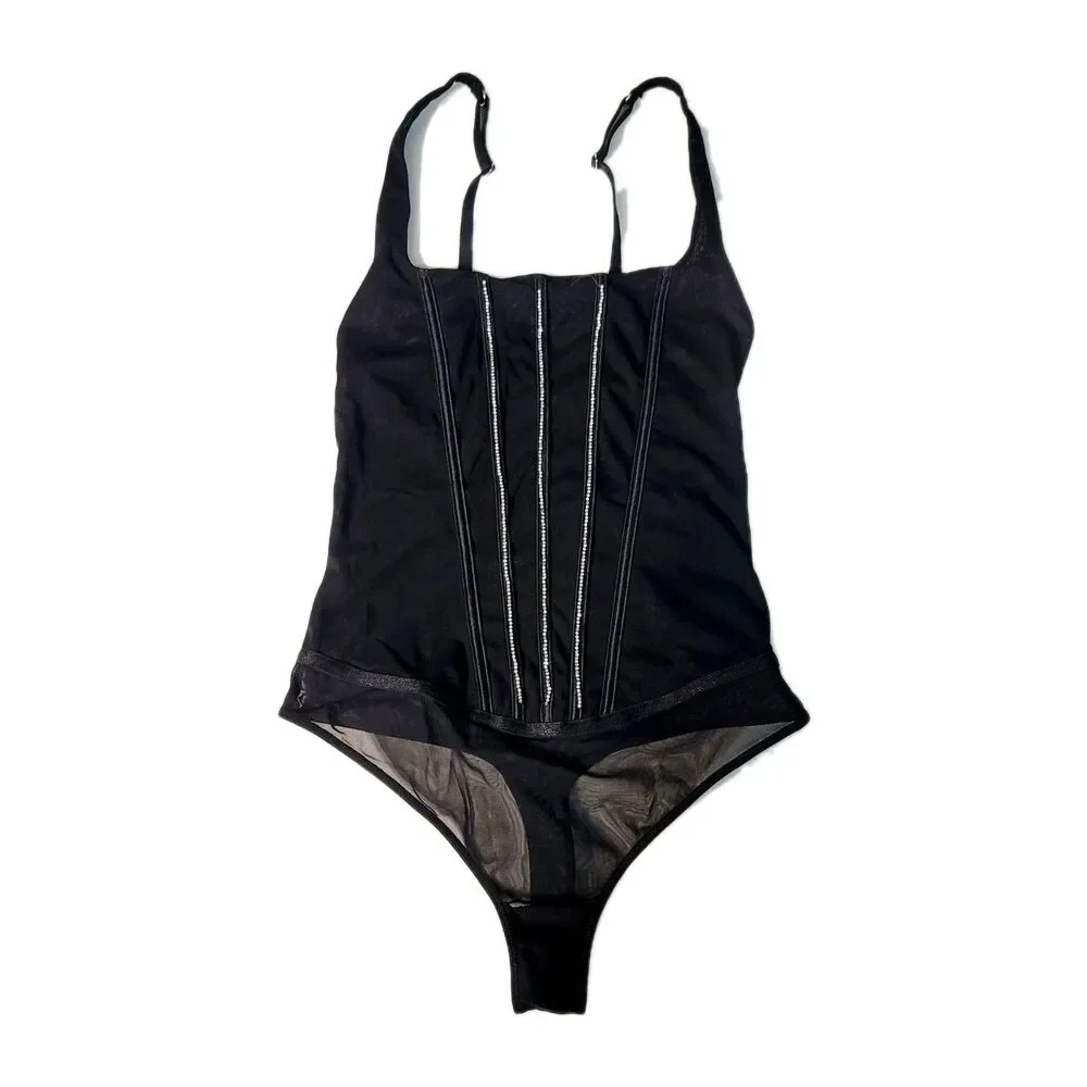 AUDEN Intimates Sheer Mesh Rhinestone Studded Thong Lingerie Bodysuit Black NWT